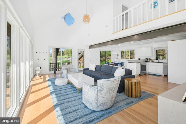 living area featuring a high ceiling and light wood-style flooring