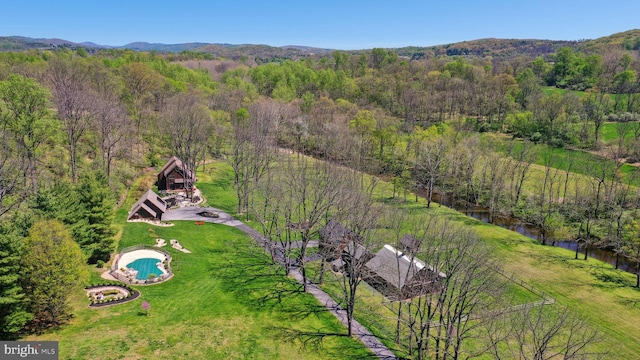 bird's eye view with a mountain view and a wooded view