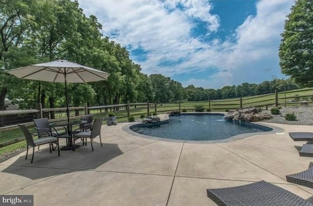 view of swimming pool featuring a fenced in pool, fence, and a patio