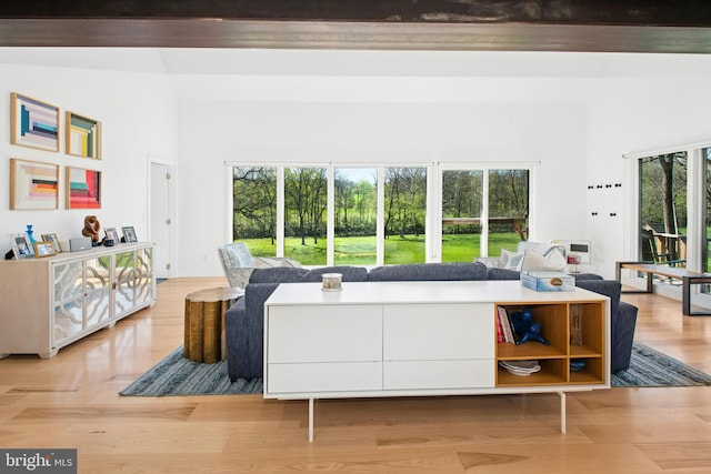 living area with a towering ceiling and light wood-style floors