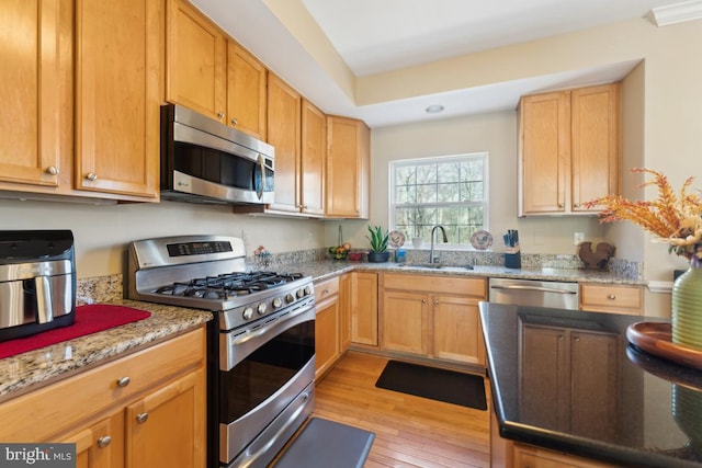 12815 Duck Pond Dr Unit 111, Germantown, MD 20874 - kitchen with light stone counters, a sink, light wood finished floors, and appliances with stainless steel finishes