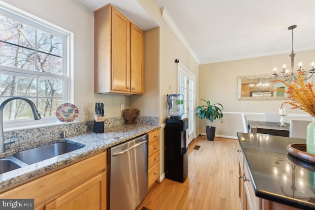 12815 Duck Pond Dr Unit 111, Germantown, MD 20874 - kitchen with stainless steel dishwasher, ornamental molding, light wood-style floors, a sink, and a notable chandelier
