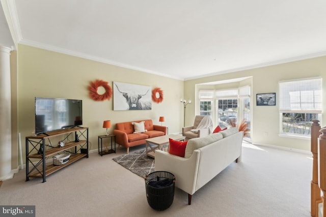 12815 Duck Pond Dr Unit 111, Germantown, MD 20874 - living room featuring baseboards, ornamental molding, decorative columns, and carpet flooring