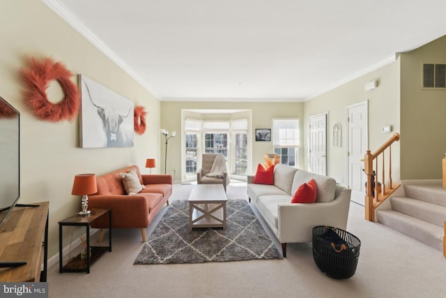 12815 Duck Pond Dr Unit 111, Germantown, MD 20874 - living room featuring crown molding, visible vents, stairs, and carpet
