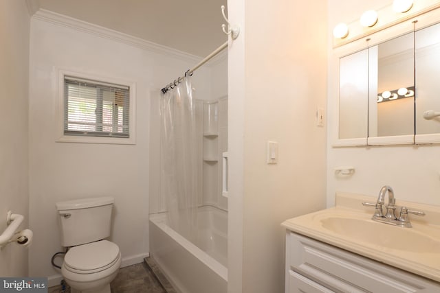 bathroom with vanity, ornamental molding, toilet, baseboards, and shower / tub combo