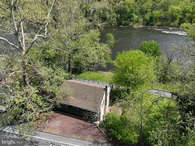 bird's eye view featuring a water view and a view of trees