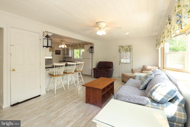 living room with a ceiling fan, light wood-style flooring, and wooden ceiling