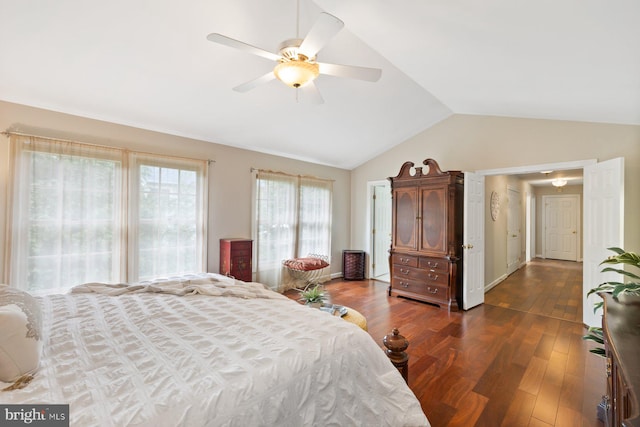 11406 Royal Vw, North Potomac, MD 20878 - bedroom featuring vaulted ceiling, dark wood-style flooring, and ceiling fan