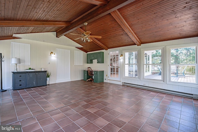 unfurnished living room featuring wood ceiling, a baseboard radiator, lofted ceiling with beams, and ceiling fan
