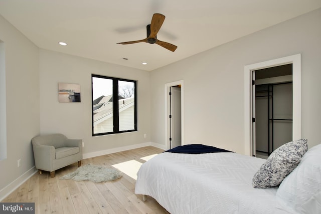 bedroom with recessed lighting, baseboards, a ceiling fan, and light wood finished floors