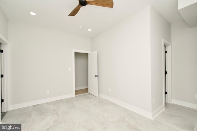 unfurnished bedroom featuring baseboards, ceiling fan, and recessed lighting