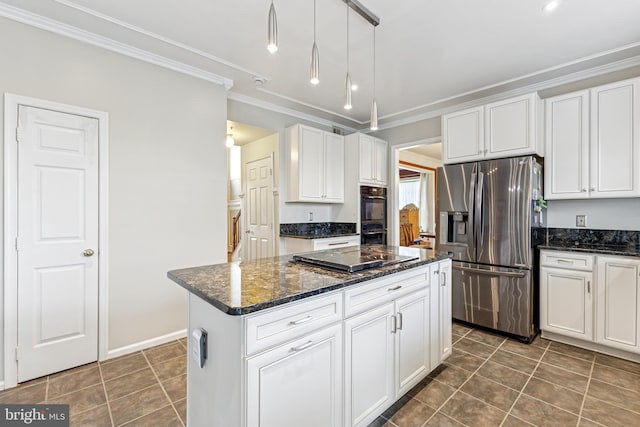 3401 Kidder Rd, Clinton, MD 20735 - kitchen with stainless steel fridge, electric stovetop, crown molding, dark tile patterned flooring, and white cabinets