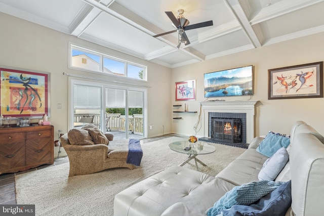 3401 Kidder Rd, Clinton, MD 20735 - living room featuring coffered ceiling, a fireplace, beam ceiling, a ceiling fan, and crown molding