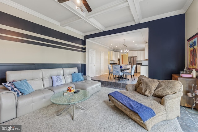 3401 Kidder Rd, Clinton, MD 20735 - living area featuring a chandelier, beam ceiling, ornamental molding, coffered ceiling, and a ceiling fan