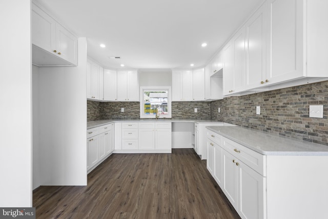 kitchen featuring a sink, decorative backsplash, dark wood finished floors, and white cabinets