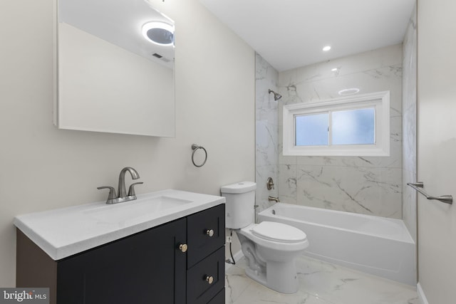 bathroom with shower / bathing tub combination, visible vents, vanity, toilet, and marble finish floor