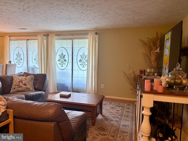 living area with baseboards and a textured ceiling