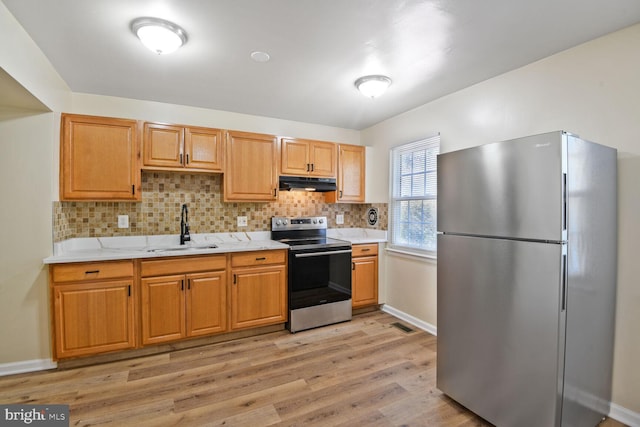 kitchen with tasteful backsplash, light wood-type flooring, a sink, under cabinet range hood, and stainless steel appliances