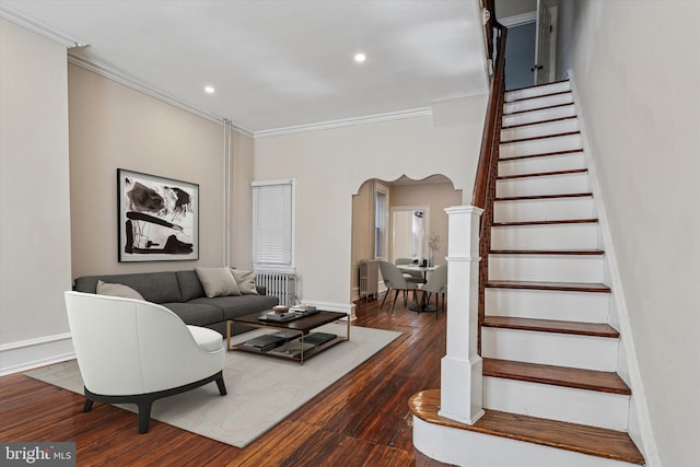 2518 N 12th St, Philadelphia, PA 19133 - living area with arched walkways, stairs, wood finished floors, ornamental molding, and recessed lighting