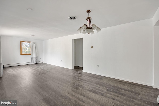 24 Elk Rd, Mullica Hill, NJ 08062 - unfurnished room featuring visible vents, dark wood-style flooring, baseboards, a baseboard heating unit, and a notable chandelier