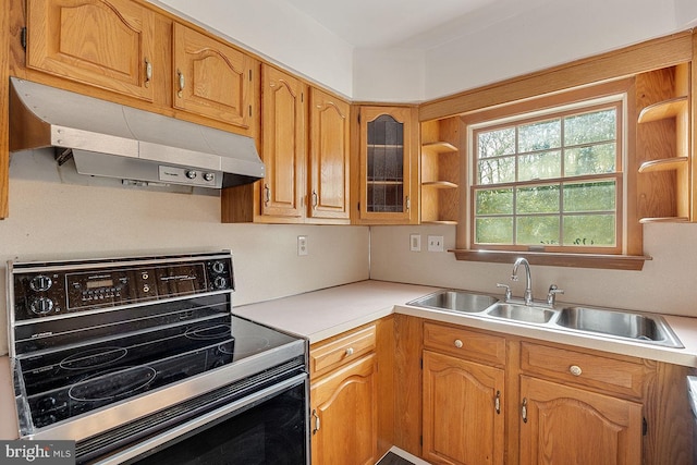 24 Elk Rd, Mullica Hill, NJ 08062 - kitchen with electric range oven, open shelves, a sink, light countertops, and under cabinet range hood