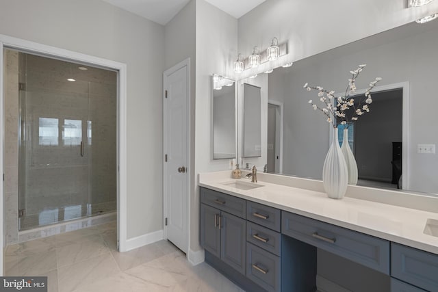 13647 Van Doren Rd, Manassas, VA 20112 - bathroom featuring a stall shower, double vanity, and marble look tiles