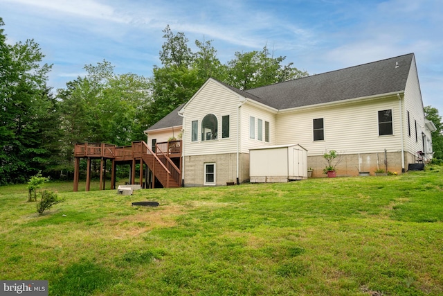 13647 Van Doren Rd, Manassas, VA 20112 - rear view of house featuring stairway, a wooden deck, a yard, and a shingled roof