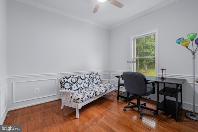 13647 Van Doren Rd, Manassas, VA 20112 - office with crown molding, a ceiling fan, a wainscoted wall, a decorative wall, and wood-type flooring