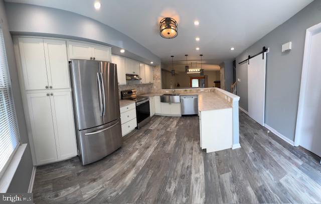 kitchen featuring a peninsula, light countertops, a barn door, under cabinet range hood, and stainless steel appliances