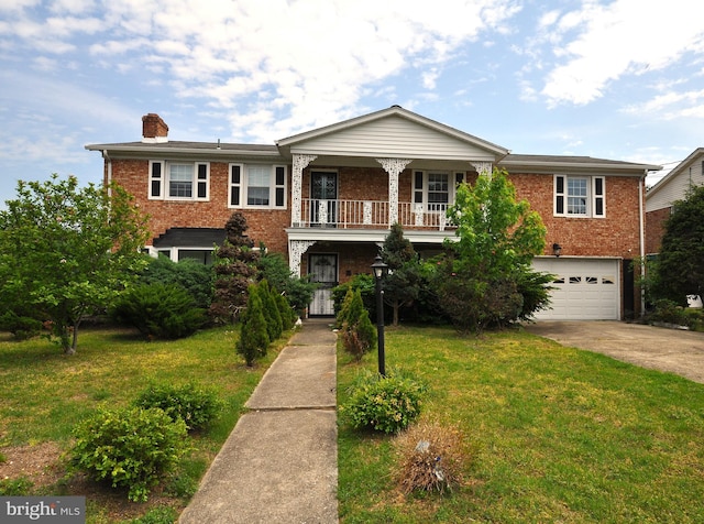 single story home featuring brick siding, an attached garage, a chimney, and a front lawn