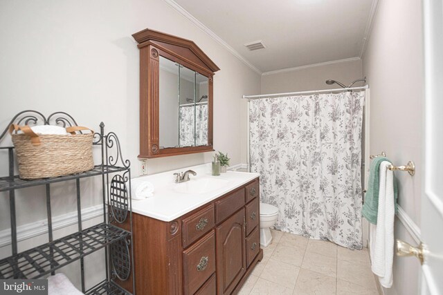 full bathroom featuring visible vents, curtained shower, vanity, toilet, and ornamental molding
