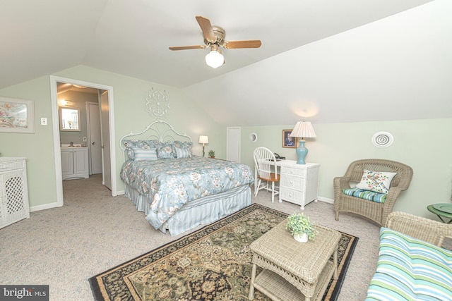 bedroom featuring carpet flooring, a ceiling fan, baseboards, and lofted ceiling