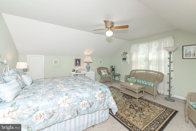 bedroom with baseboards, ceiling fan, and vaulted ceiling