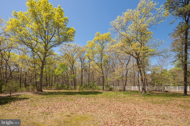 view of yard with fence and a wooded view
