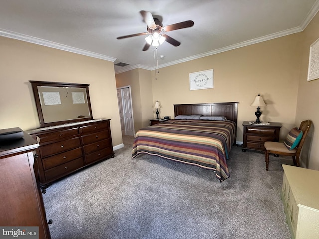 bedroom with carpet floors, ornamental molding, visible vents, and a closet