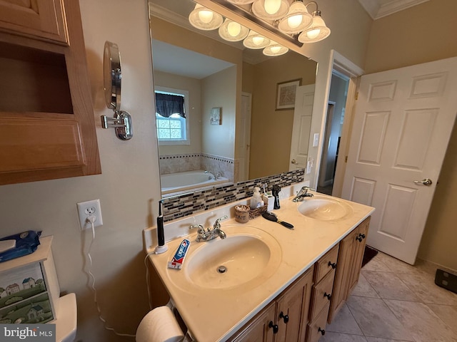 bathroom with tile patterned flooring, a sink, a bath, and double vanity