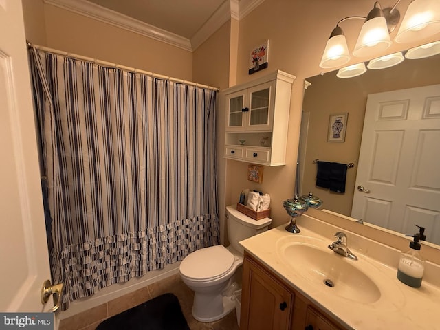 full bathroom featuring vanity, ornamental molding, and toilet