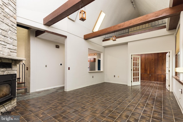 1738 Shanwick Rd, Forest Hill, MD 21050 - unfurnished living room featuring a towering ceiling, a fireplace, and baseboards