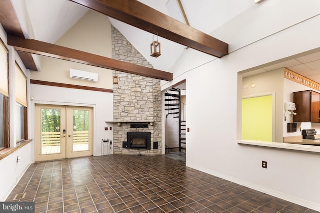1738 Shanwick Rd, Forest Hill, MD 21050 - unfurnished living room with a wall unit AC, high vaulted ceiling, french doors, a stone fireplace, and beamed ceiling