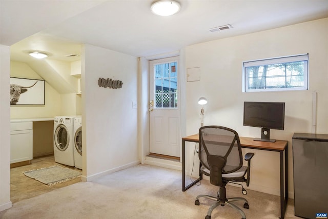 883 Locust Ave, Charlottesville, VA 22902 - office with baseboards, visible vents, light carpet, and washing machine and clothes dryer