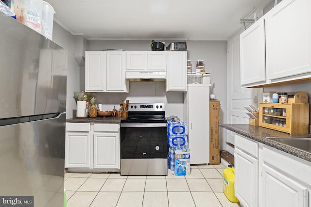 kitchen with appliances with stainless steel finishes, under cabinet range hood, and white cabinets