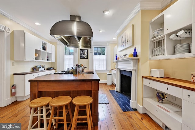 kitchen featuring light wood-type flooring, open shelves, crown molding, and a sink