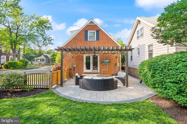 rear view of property featuring a pergola, brick siding, outdoor lounge area, a patio, and a chimney
