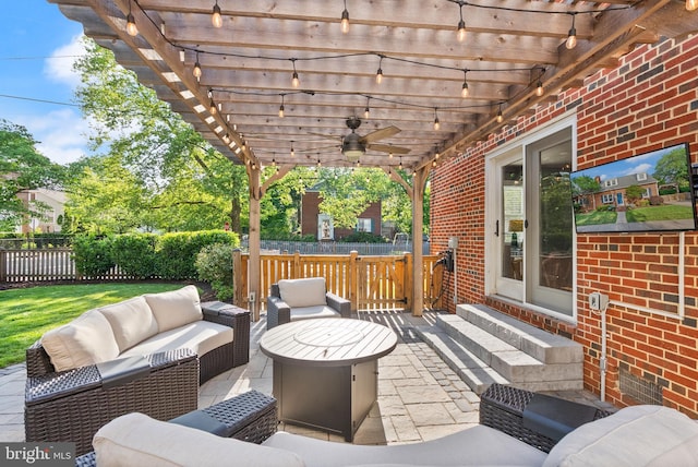view of patio featuring outdoor lounge area, fence, entry steps, ceiling fan, and a pergola