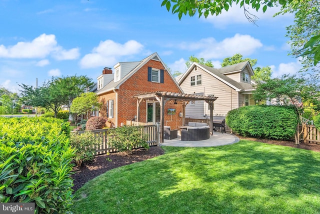 back of house with a pergola, brick siding, outdoor lounge area, and a patio