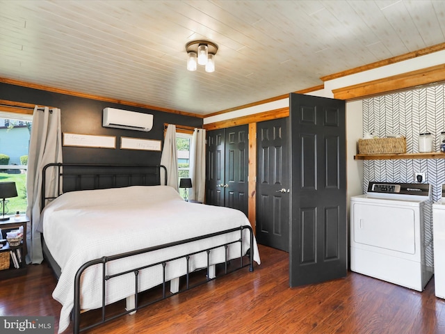 bedroom with crown molding, wood ceiling, a wall mounted air conditioner, and wood finished floors