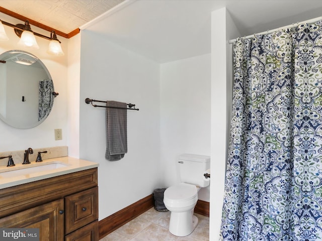 full bath with vanity, toilet, baseboards, tile patterned floors, and a shower with curtain