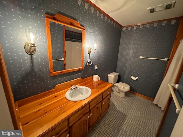 15004 Burnt Mill Rd, Shippensburg, PA 17257 - bathroom featuring vanity, toilet, tile patterned flooring, and wallpapered walls