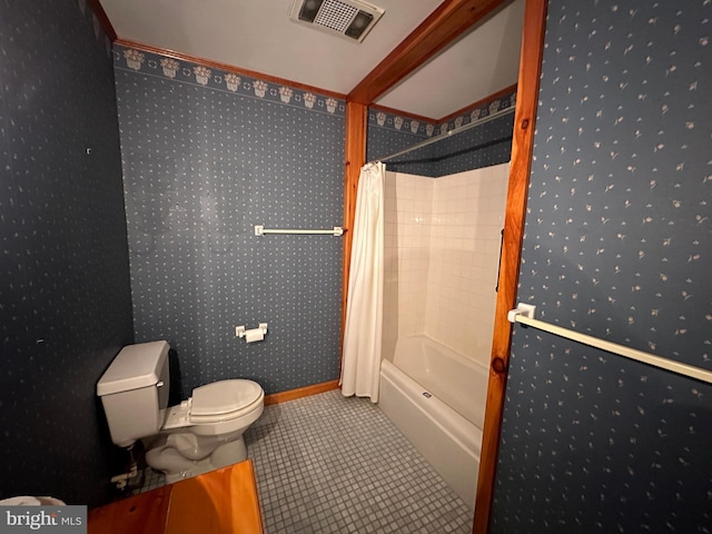 15004 Burnt Mill Rd, Shippensburg, PA 17257 - full bathroom with toilet, shower / tub combo, tile patterned floors, and wallpapered walls