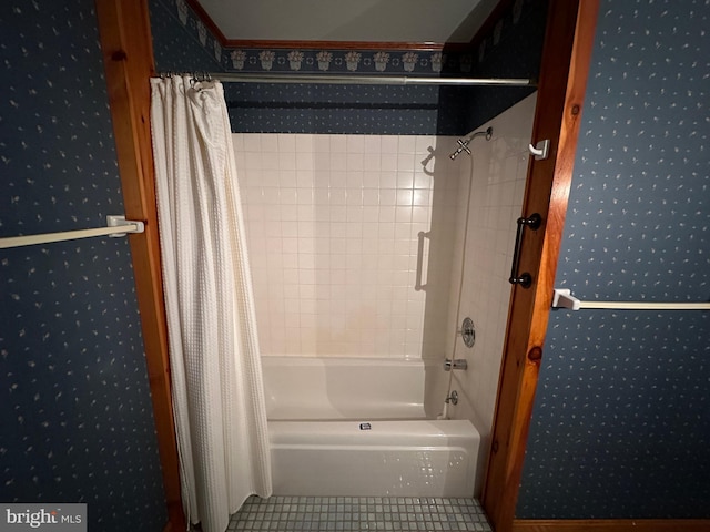 15004 Burnt Mill Rd, Shippensburg, PA 17257 - bathroom with shower / bath combination with curtain, wallpapered walls, and tile patterned floors